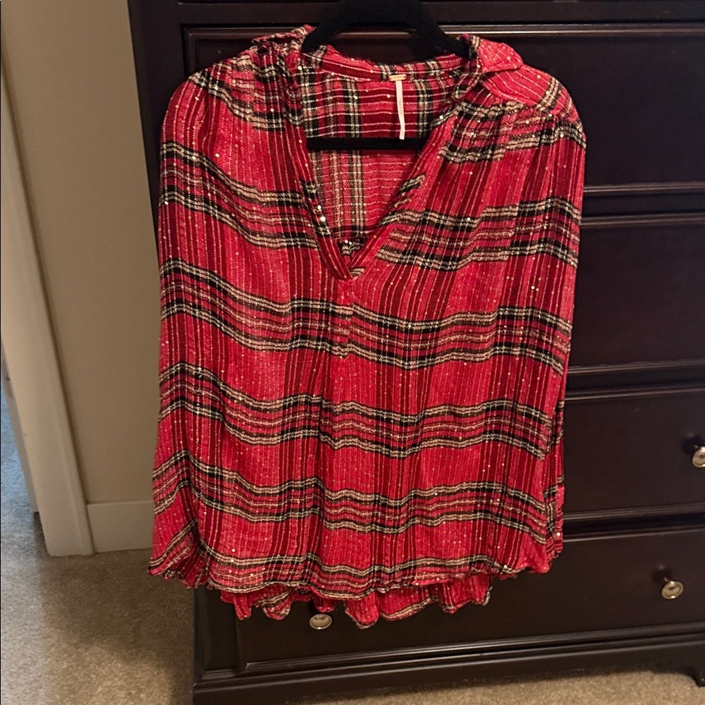 Free People Fearless Love Bell Sleeve Shirt Size Small Red Plaid Sequins